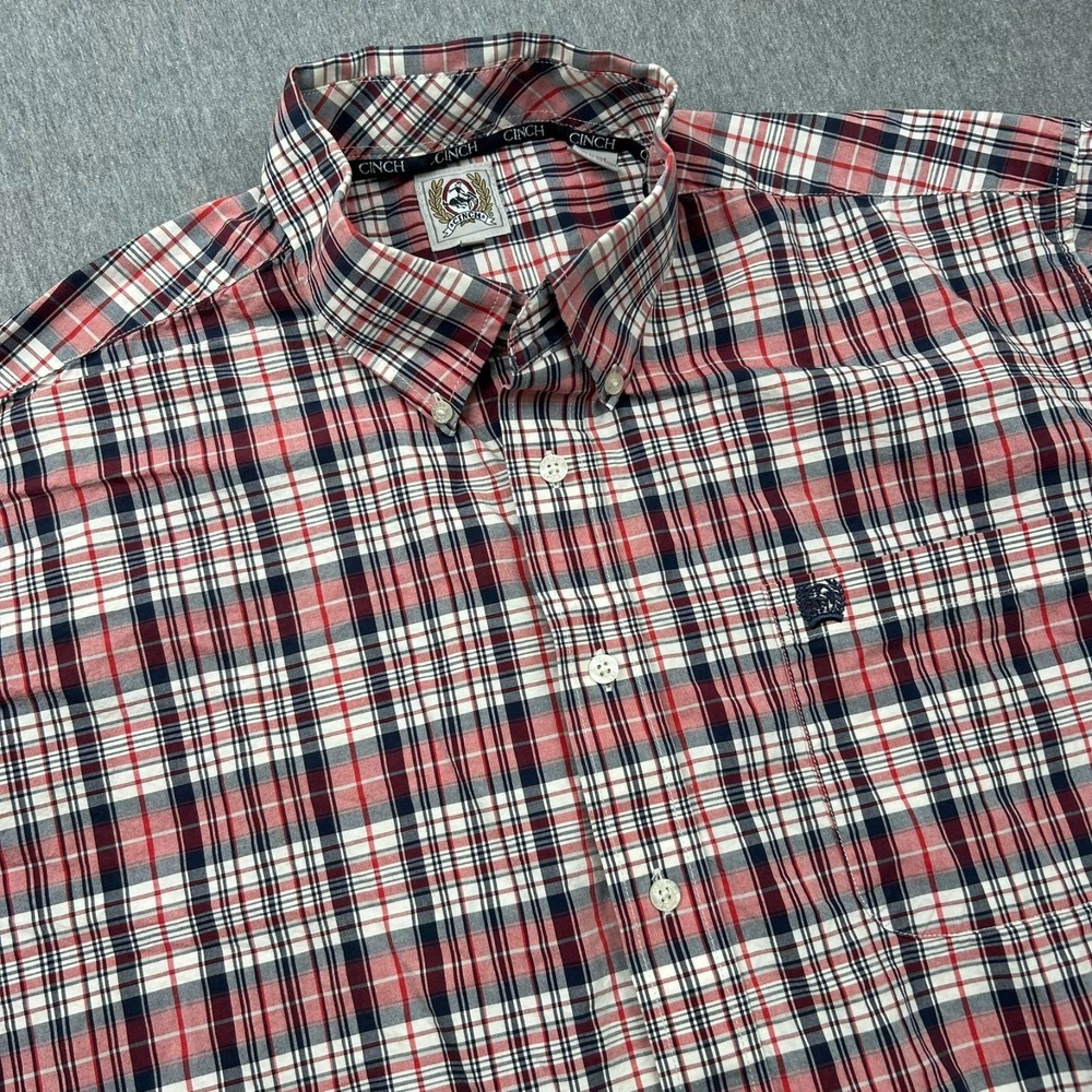 Cinch Button Down Shirt Mens Large Red Black Plaid Long Sleeve Western Cowboy